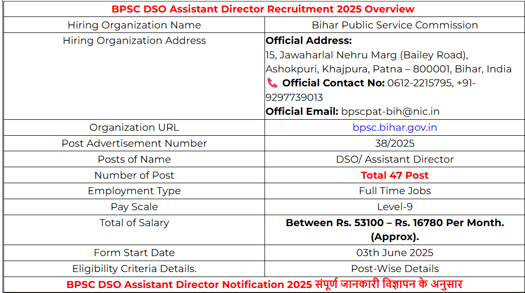 BPSC DSO Assistant Director Recruitment 2025