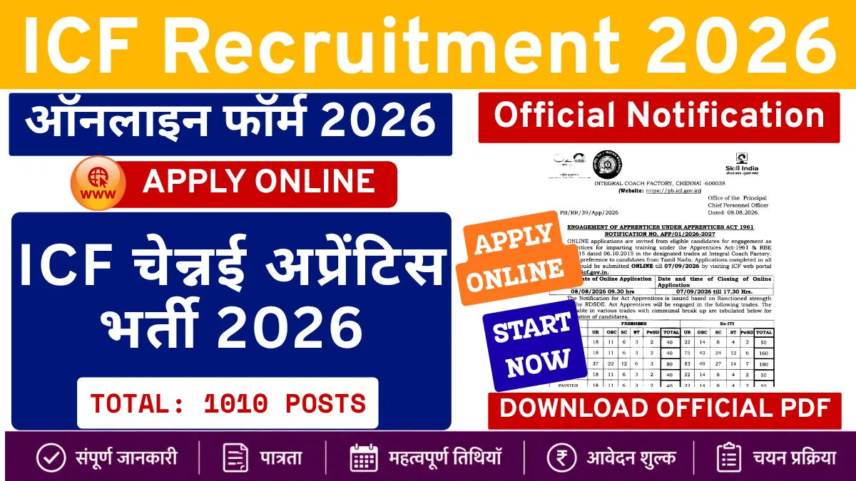 Integral Coach Factory ICF Chennai Apprentice Recruitment 2026 – Apply Online for 1010 Posts ICF Chennai Apprentice Recruitment 2026 – 11010 Posts Apply Online