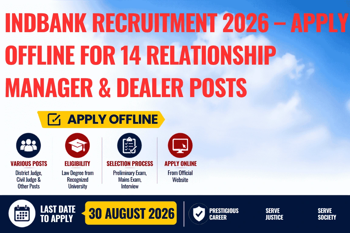 Indbank Recruitment 2026 – Apply Offline for 14 Relationship Manager & Dealer Posts Indbank Recruitment 2026