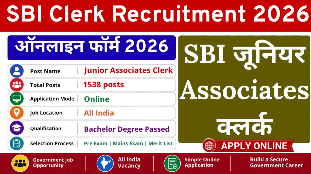SBI Junior Associates Clerk Recruitment 2026 – Apply Online for 1538 Posts SBI Junior Associates Clerk Recruitment 2026