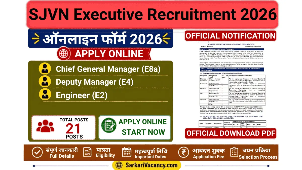 SJVN Executive Recruitment 2026 – Apply Online for 21 Various Posts SJVN Executive Recruitment 2026