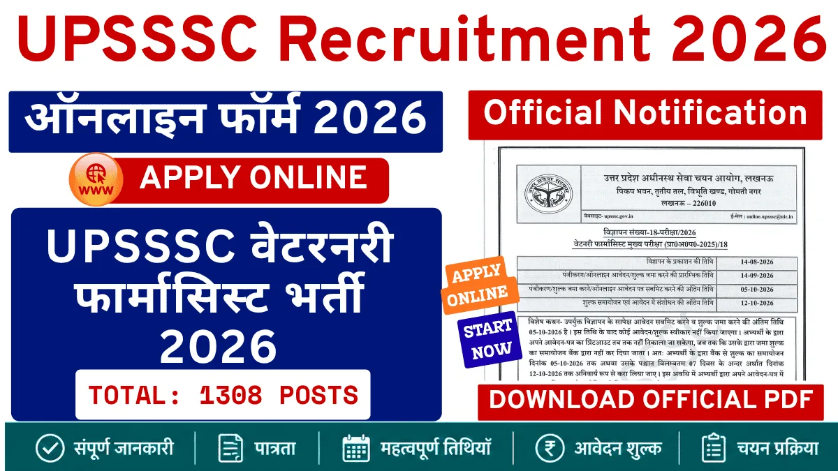 UPSSSC Veterinary Pharmacist Recruitment 2026 - Apply Online for 1308 Posts UPSSSC Veterinary Pharmacist Recruitment 2026